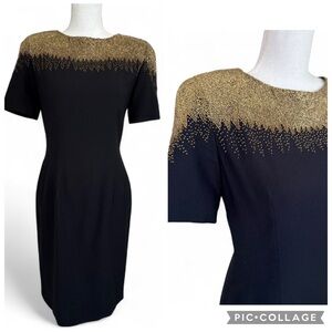 Retro Glam Vintage Little Black Dress Gold Bead Detailing Oleg Cassini Black Tie